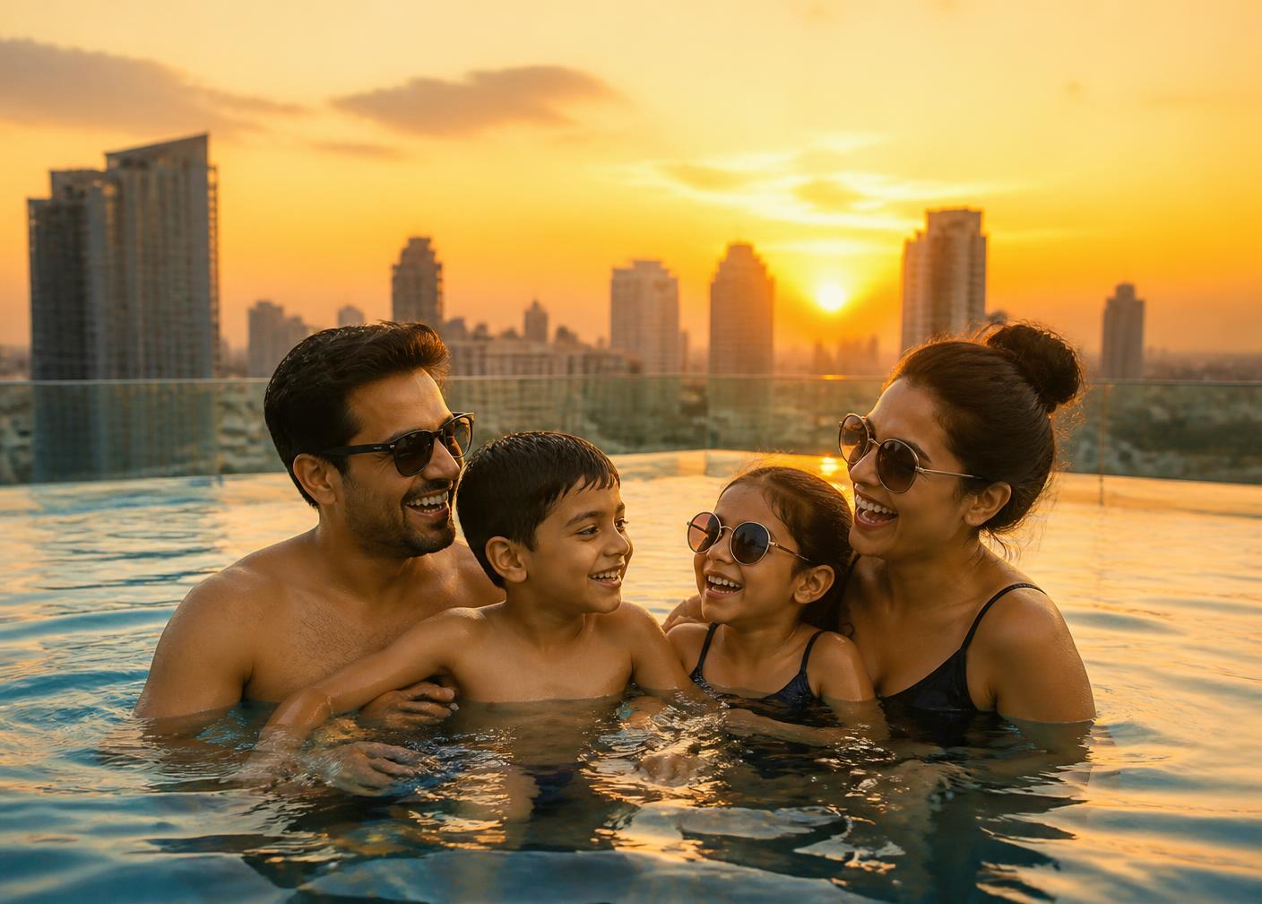 Family enjoying the rooftop infinity pool at sunset